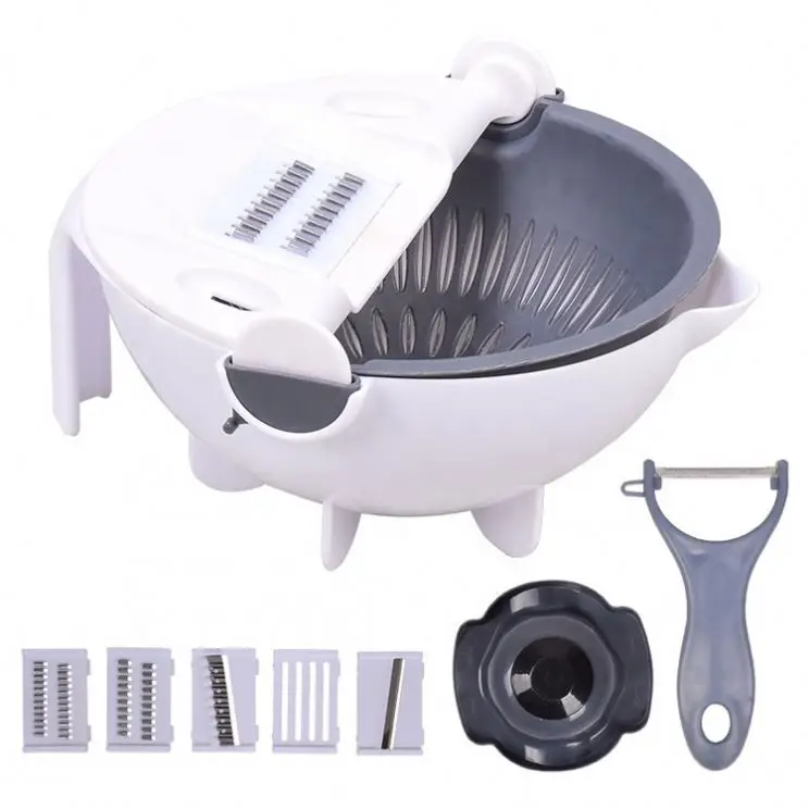 

Multifunctional Vegetable Cutter Slicer With Draining Basket Magic Rotate Portable Vegetable Grater, White blue