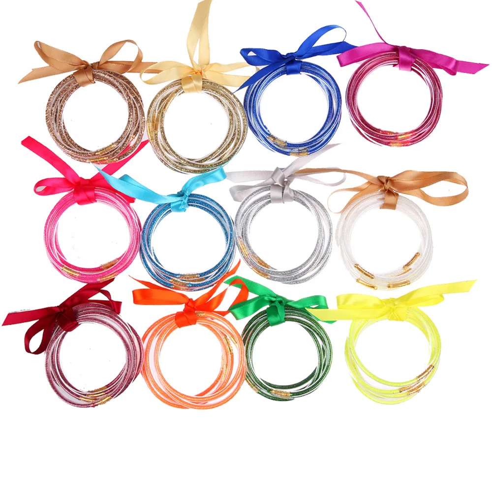 

5pcs pack 16 colors Bowknot Ribbon Gold Powder Filled Jelly Silicone Bracelet Glitter Jelly Bangles Bracelets set