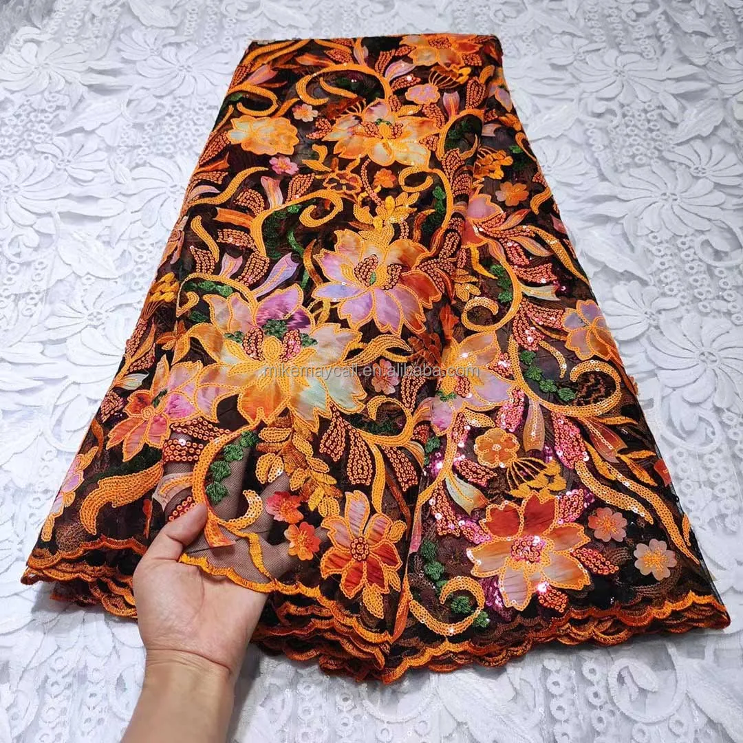 

2021 High Quality African Embroidered 3D Flower Beaded Sequined French Tulle Lace Fabric