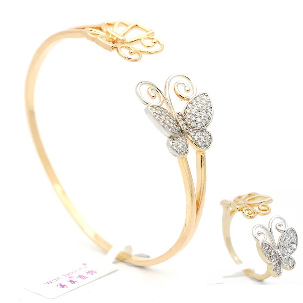 

wholesale Flower Open Size Bangles women wedding Brass Bangles with rings jewelry set, Two-tone