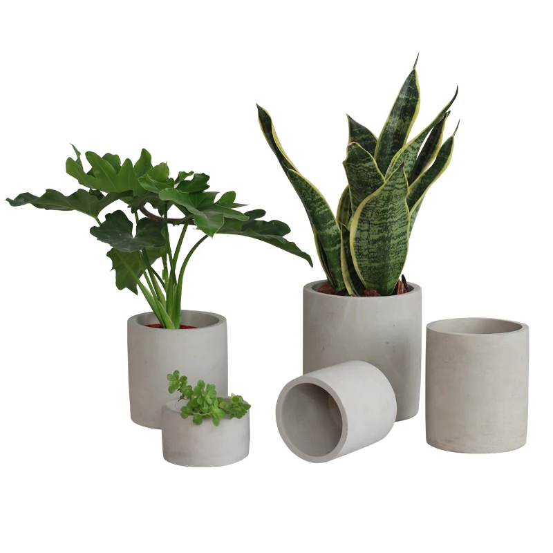 

Nordic simple style cylinder shape cement flower pot with drainage hole for home garden decor, Natural