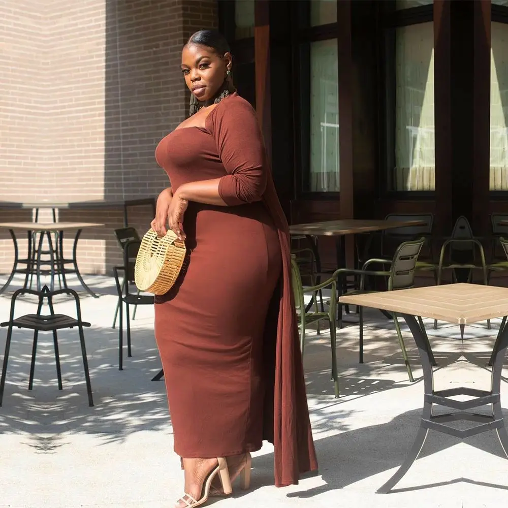 

2021 New Fall Sexy Two Piece Solid Color Bodycon Maxi Long Dresses Long Sleeve Fat Women Casual Dresses Plus Size Women Clothing, Picture color