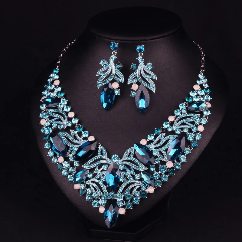 

GENYA Personality Full Rhinestone Evening Dress Jewelry Leaf Design Dangle Earring Necklace Sets For Women, As picture
