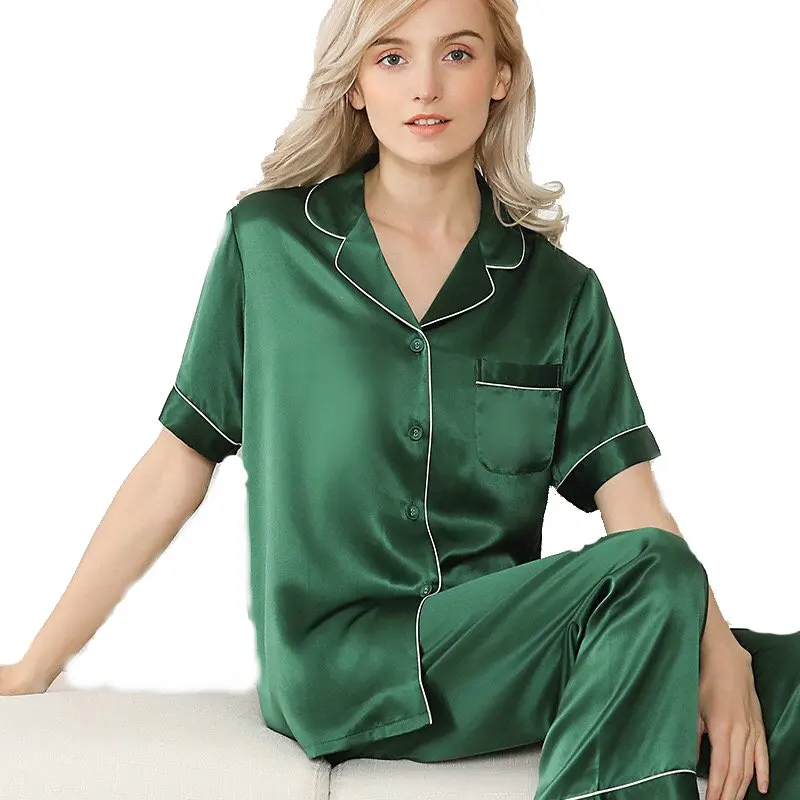 

19 m/m long pants with Short sleeved shirt women Pure Silk Pajamas Sets, Shown