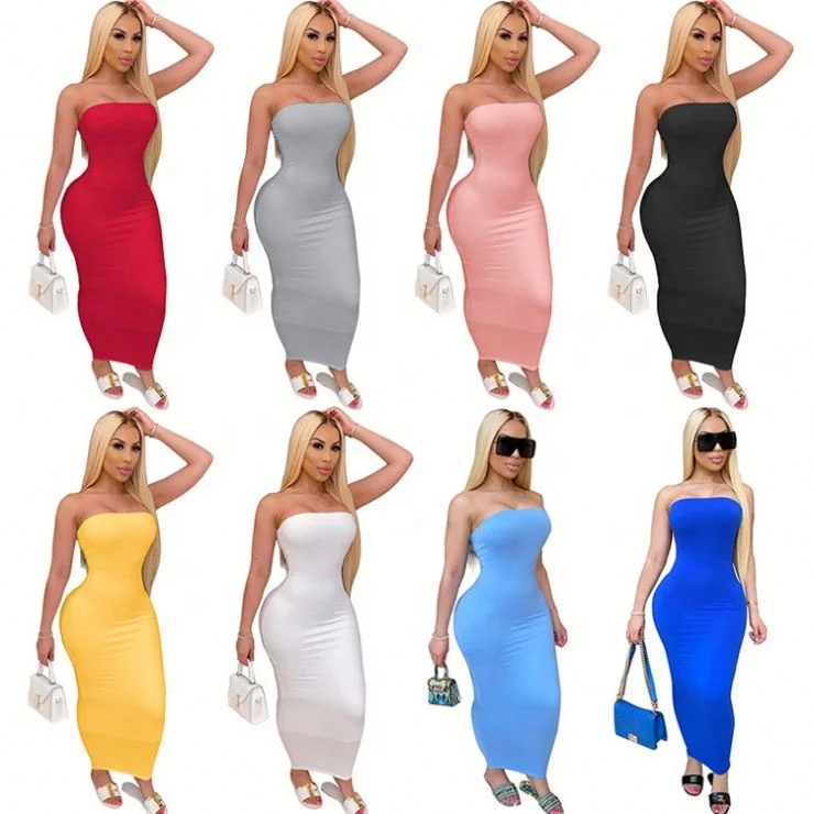 

Trendy Casual Lady Solid Color Clothing Elegant Tube Tops Skinny Summer Plus Size Women Midi Dress, Picture color