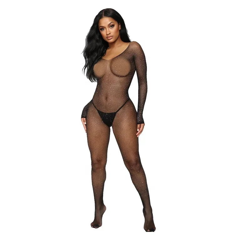 

PoeticExist Sexy Hot Diamonds Lingerie Fishnet Body Stocking Sexy Long Sleeve Underwear, As pic