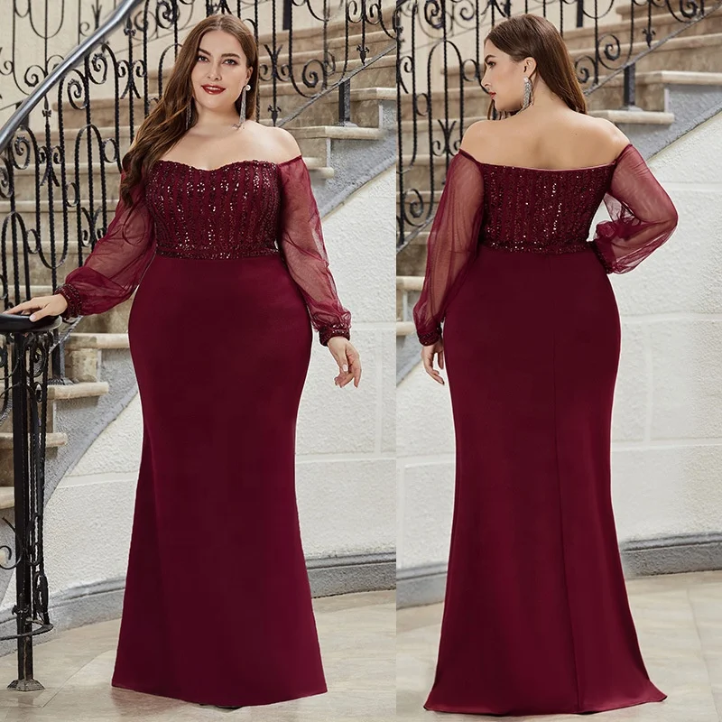 

Jancember 00711 Mermaid Off Shoulder Long Sleeve Beading Plus Size Evening Dress