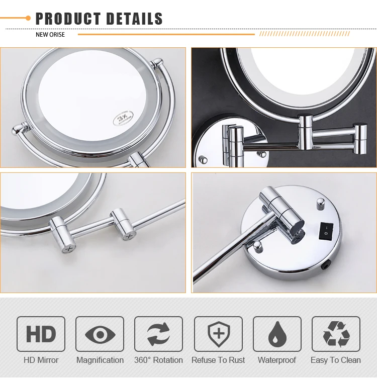 8 Inch Round Wall Mounted Brass Waterproof Shaving Mirror With Led