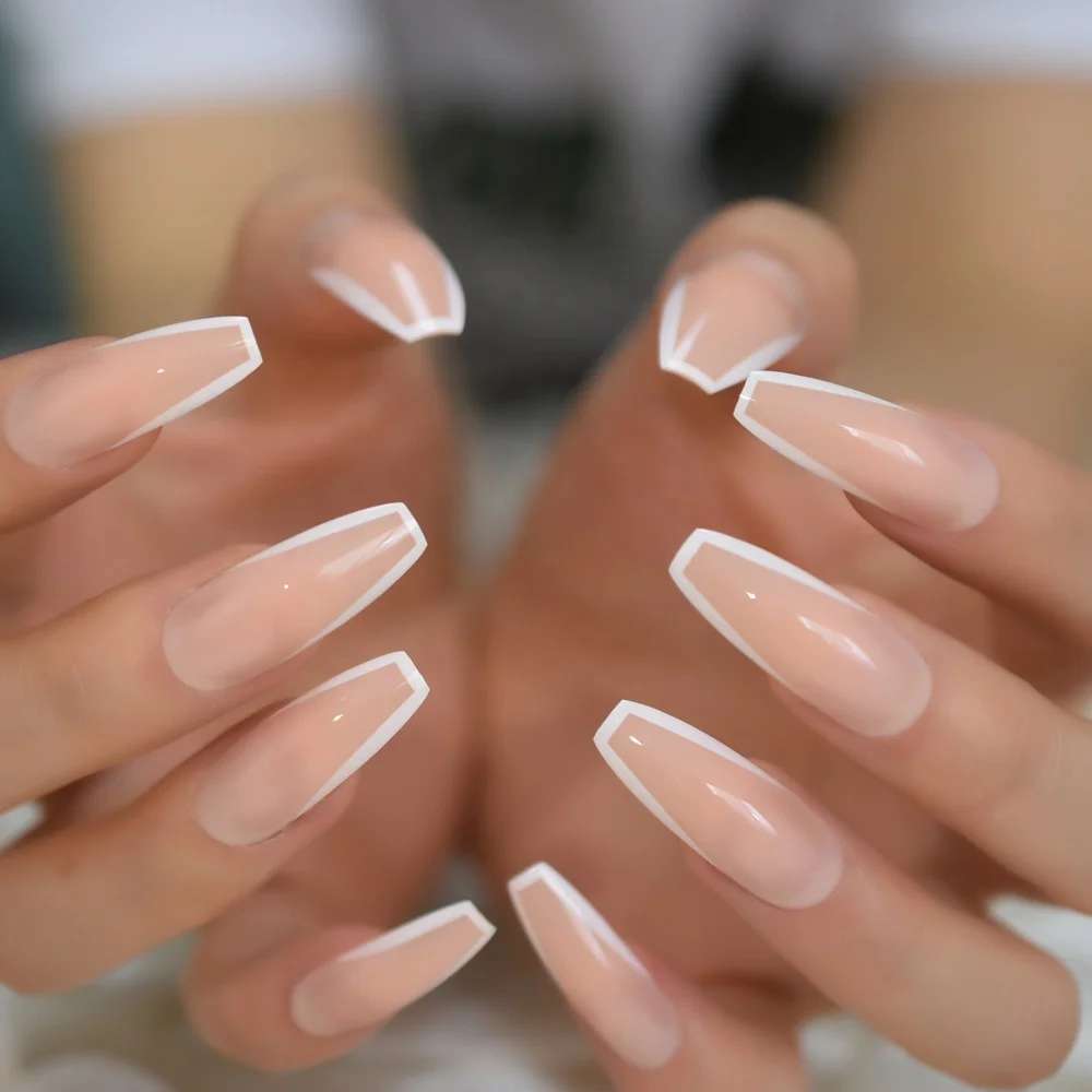 

Everlasting French Nails White Fashion Designed Extra Long Ballerina Shaped Fake Nails Nude Salon Quality Tips L5634