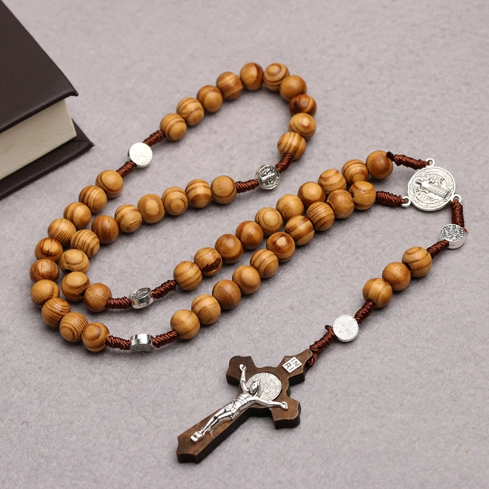 

handmade 10mm wood beads Maria charm rosary necklace catholic Christian rosary crucifix cross necklace for prayer beads jewelry, As the photos showed
