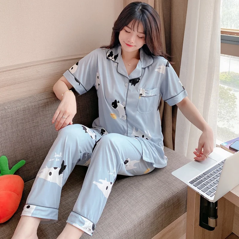 

Wholesale polyester pajamas, ladies summer short-sleeved trousers, summer two-piece suit homewear