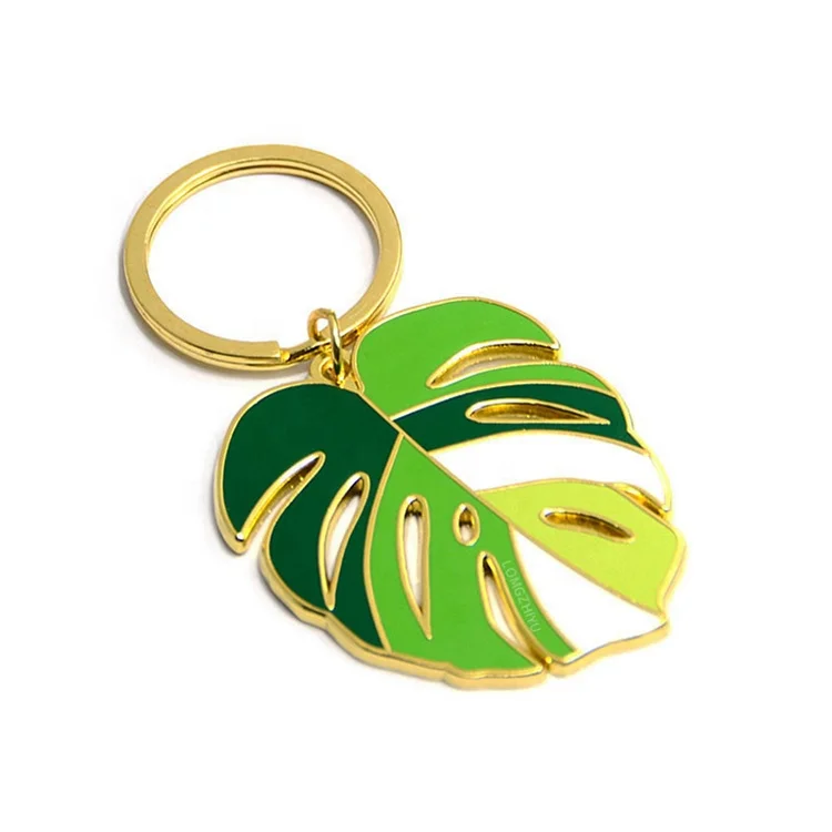 product nature green metal leaf key ring gold hard enamel monstera leaf keychain-0