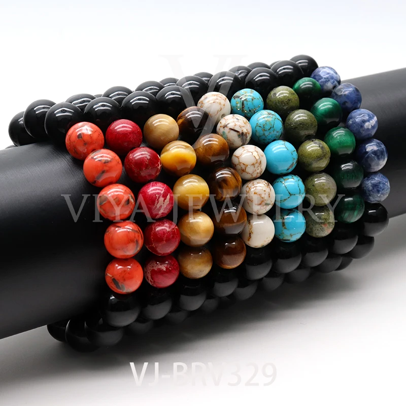

Fashion Simple Mixed Color 12mm Natural Stone Beads Elastic Customized Size Mens Bracelets, As picture