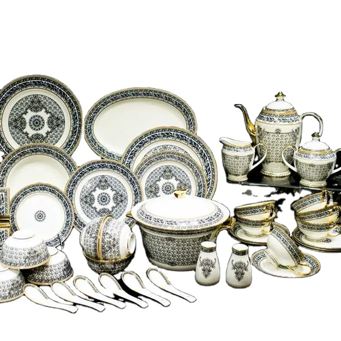 

Bone China Crockery Dinner Set European Style Bone China Dinnerware Sets, Gold and white