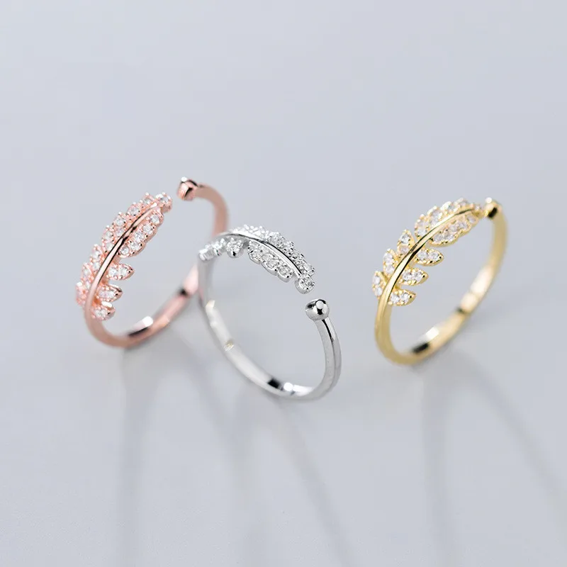 

Crystal Rhinestone Leaves 925 Little Finger Rings Adjustable Size S925 Sterling Silver Rose Gold Leaf Rings For Weddings, Picture