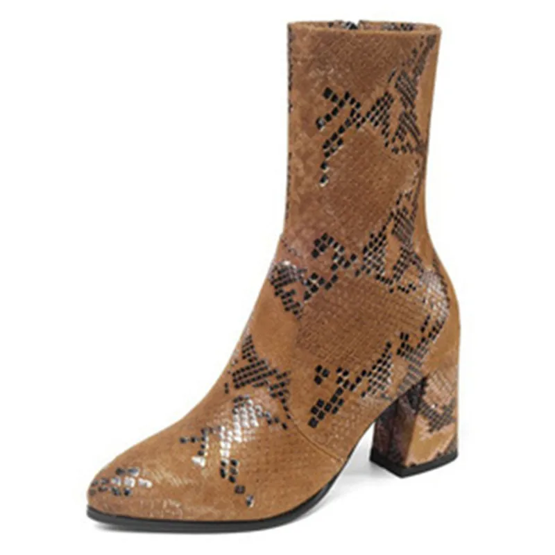 

Dropshipping Wholesale Chunky Heels Snake Pattern Boots for Women 2021 New Fashion Women's zip Mid Boot Lady Retro Pointed shoes