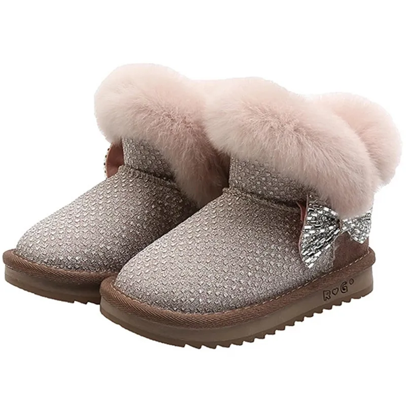 

2021 Girls' Snow Boots Winter New Children's Shoes Diamond Bowknot Rabbit's Hair Princess School Warm Boots