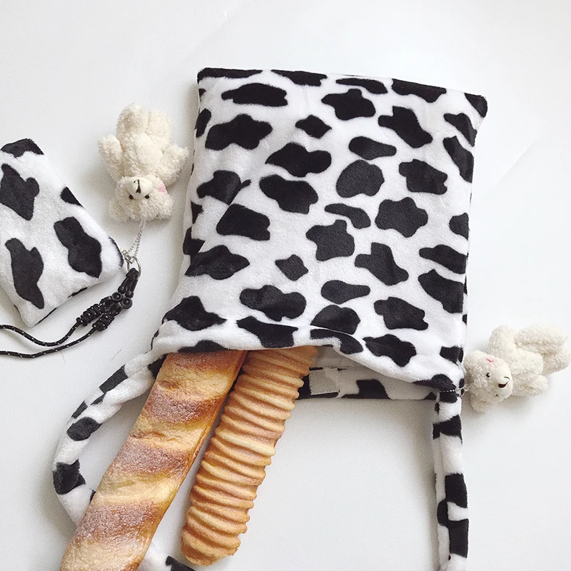 

Cow design bear doll printing plush cute lovely style backpack high quality shoulder shopping bag, White