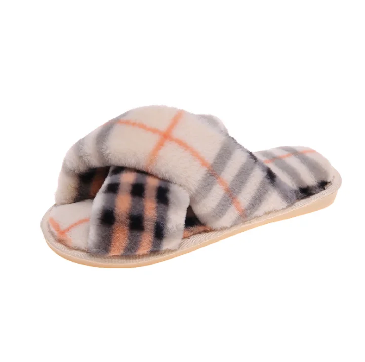 

Winter fashion new plaid stripe cross plush cotton slippers for women indoor warm non slip cotton slippers, As picture