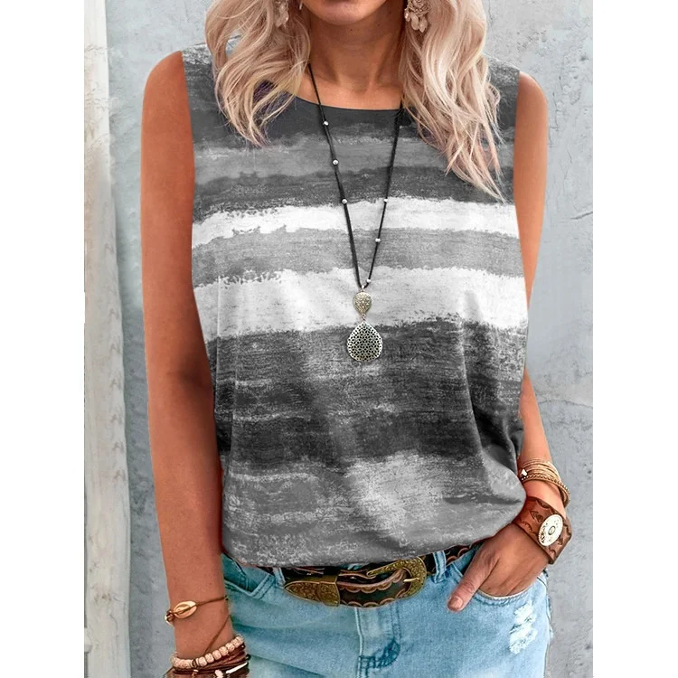 

Rainbow Striped Woman Loose Tank Top,Round Neck Sleeveless Striped Tops, Picture