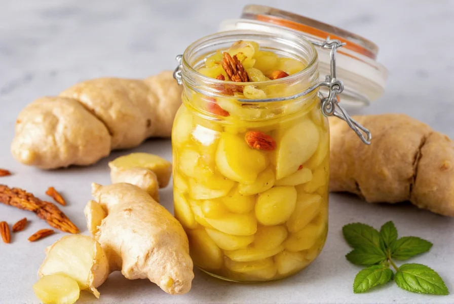 Homemade pickled ginger in glass jar with fresh ingredients
