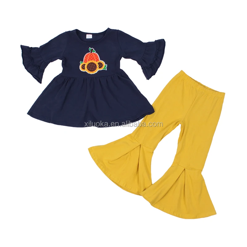 

High Quality Pumpkin Cotton 3/4 Sleeve Shirt Two Pieces Set Girls Fall Boutique Outfit, Picture