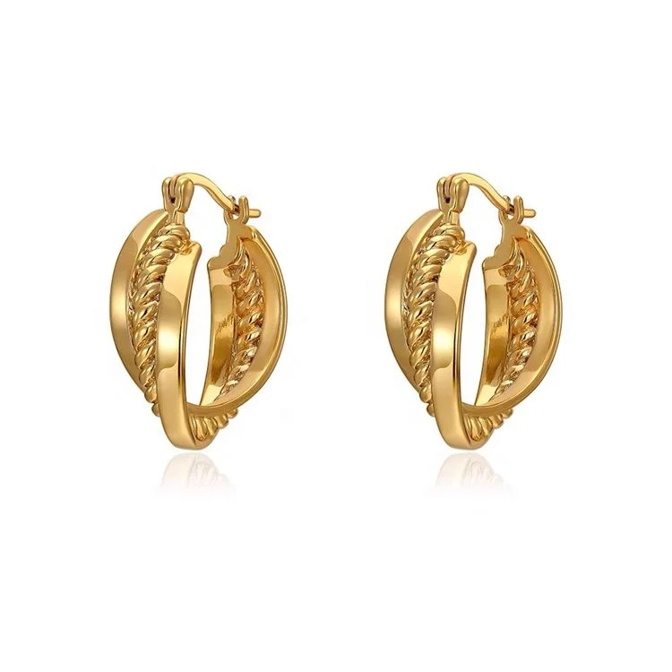 

Vintage 18K Gold Plated Stainless Steel Hypoallergenic Hoop Earrings Women Geometric Triple Twisted Statement Earrings