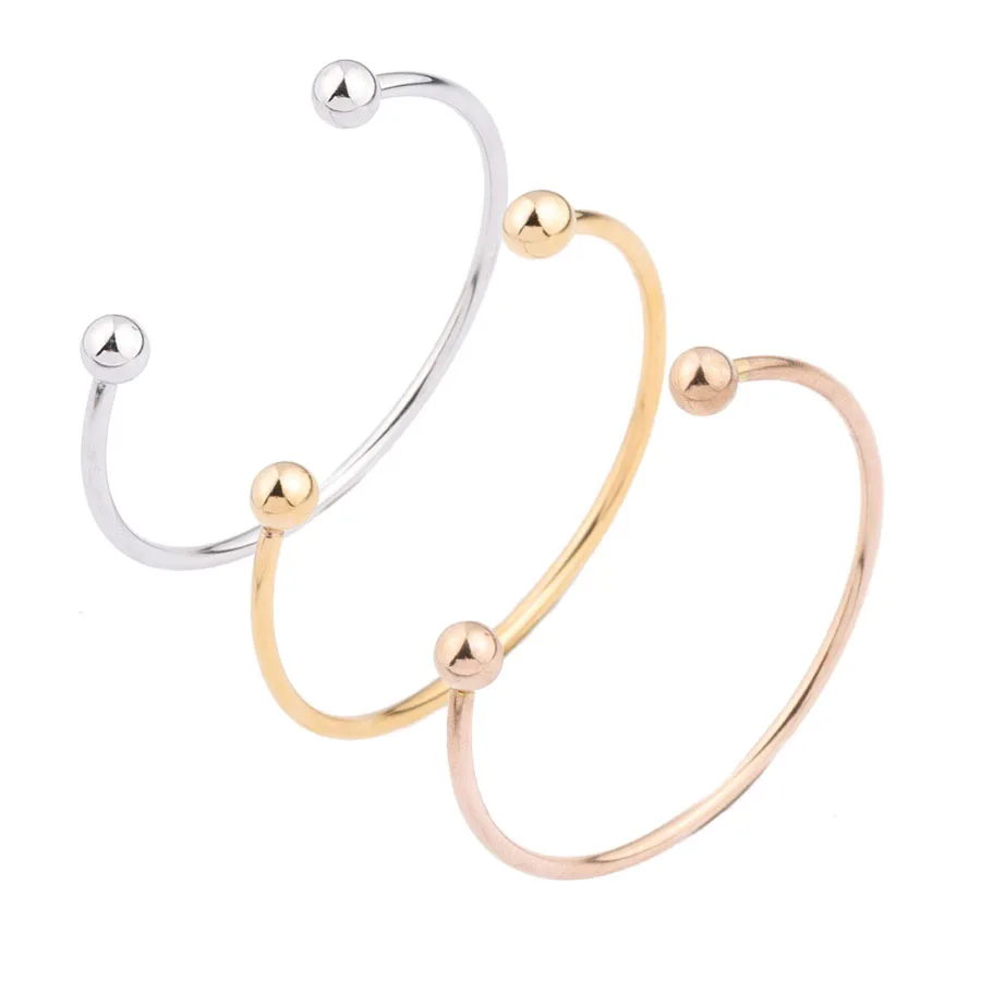 

Stainless Steel Adjustable 3mmWire Screw Ball-End Open Cuff Bangle Bracelet With Charms Diy Ball Charm Jewelry making Gold Rose, Gold +stainless steel+silver