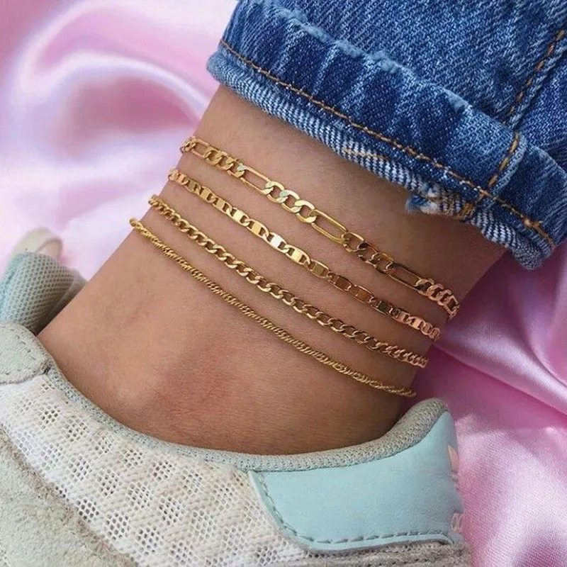 

Hot selling 4pcs set Multilayer 18k Gold Plated Leg Chain Anklets Beach Foot Jewelry Layered Figaro Chain Anklet for women girl, As is or customized