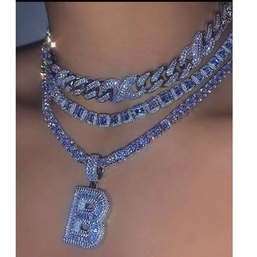 

cz iced out diamond letter pendant accessories jewelry necklace hip hop miami cuban chain choker