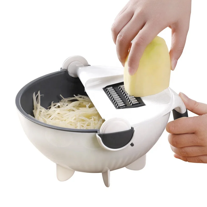 

Magic Multifunctional Rotate Vegetable Cutter With Drain Basket Kitchen Veggie Fruit Shredder Grater Slicer Drop Shipping, White+gray