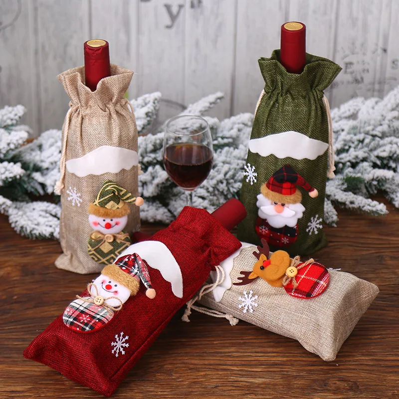 Factory direct Christmas decoration wine bottle bag Christmas snowman linen high quality creative wine bottle cover