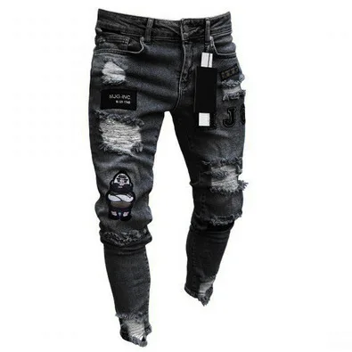 

New Style Men's Distressed Destroyed Badge Pants Art Patches Skinny Biker White Jeans Slim Trousers, Pc