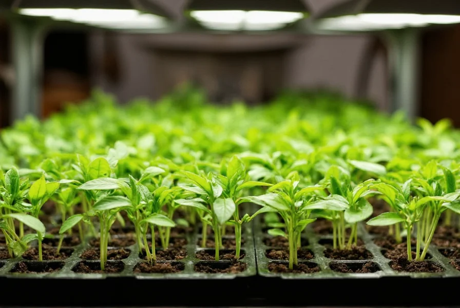 Pepper seedlings growing in starter trays with proper lighting setup for Dubuque gardeners