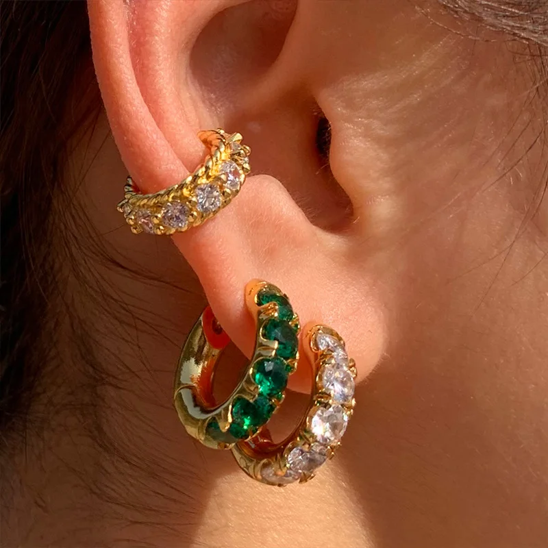 

2 Colors Green Clear Cubic Zircon Chunky Hoop Earrings Huggies 18K Gold Plated Earrings for Women French Vintage Luxury Jewelry
