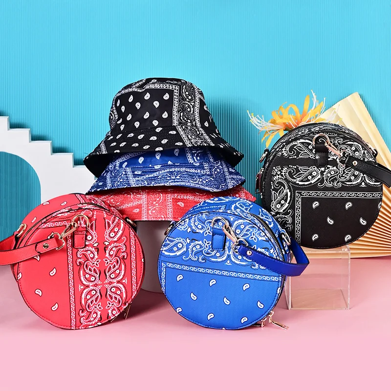 

Pu Leather Trendy New Hot Bandana Purse and Bucket Hat Women Handbags Lady Hand Bag Paisley Handbags set for Girls, 3 colors