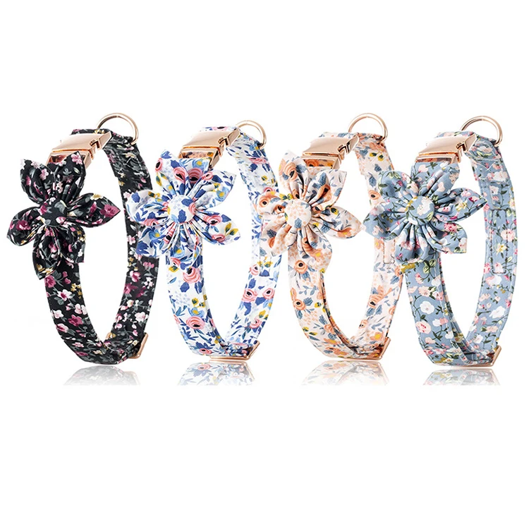 

Flower Pearl Fancy logo Nylon Custom Luxury Classic Personalized Rose gold Metal buckle Collar set Dog collars and leash set