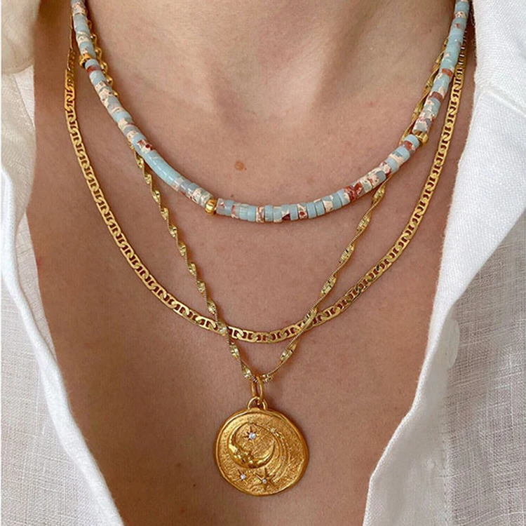 

Y089 Vintage 18K Gold Plated Dainty Jewelry Star Moon Round Shaped Pendant Natural Stone Colorful Beaded Necklace