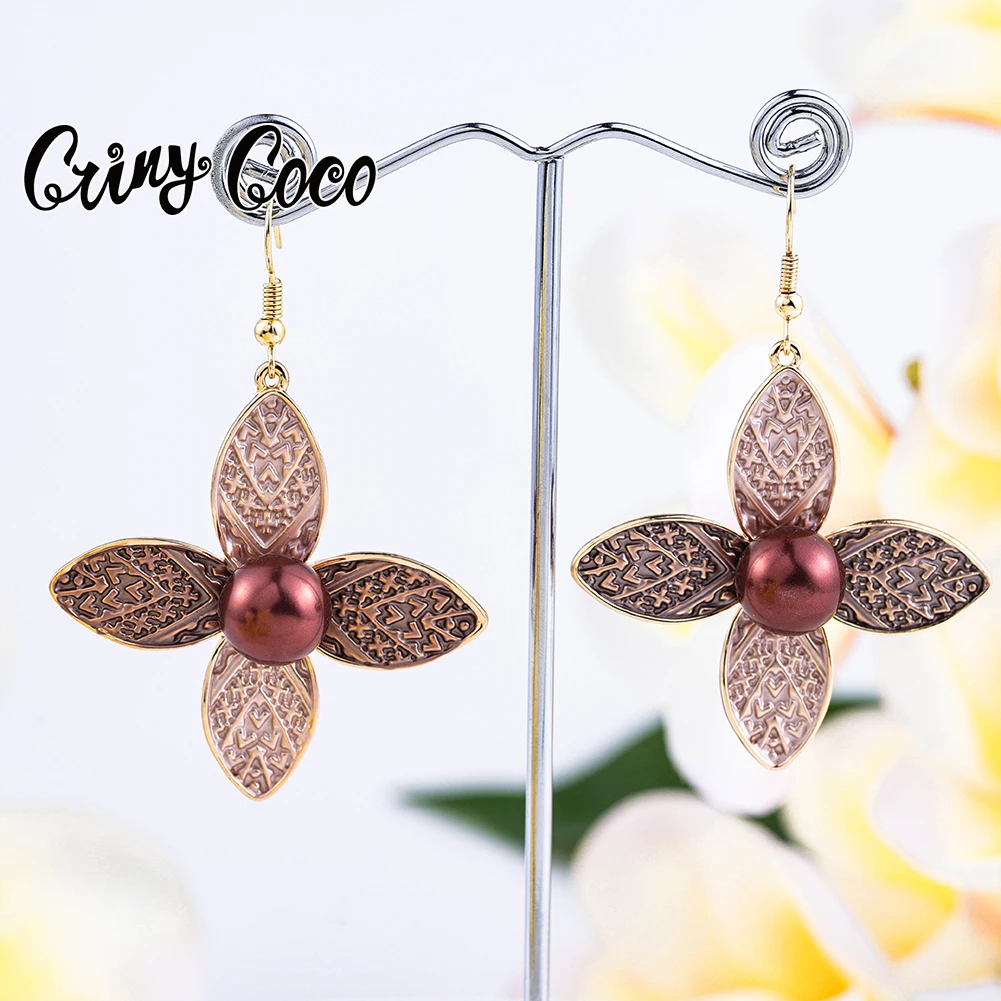 

Cring CoCo Vintage Enamel Large Dangle Black pearl Dropship polynesian Jewelry wholesale Clover Flower Hawaiian Earring, 14k gold plated