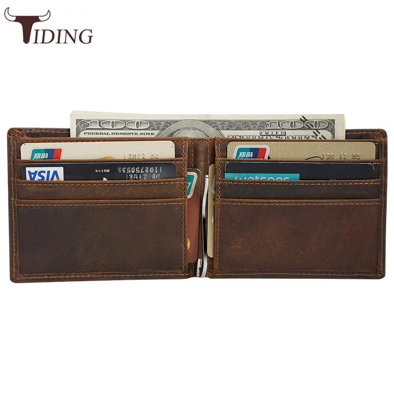 

Tiding Custom Men Vintage Crazy Horse Genuine Leather Wallet With Cash Clip, Brown