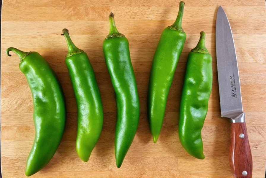 Fresh green poblano peppers arranged on wooden cutting board with roasting equipment