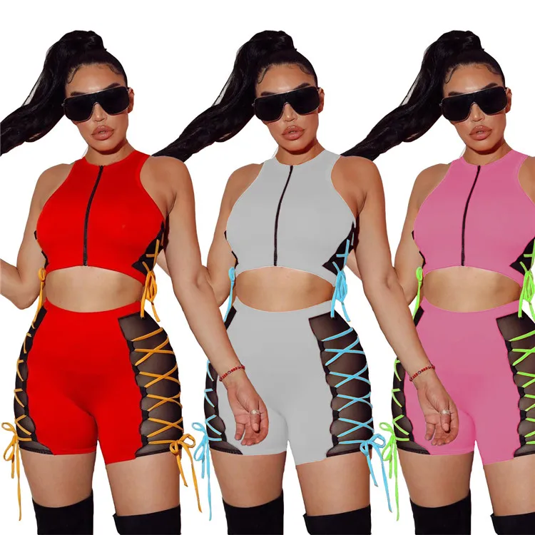 

Night club two piece set women 2021 sleeveless zipper gauze bandage two piece shorts set
