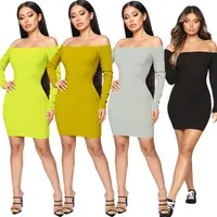 

2019 New Arrival Women Ladies Bodycon Dress Off Shoulder Long Sleeve Solid Color Sexy Party Mini Club Dresses Women