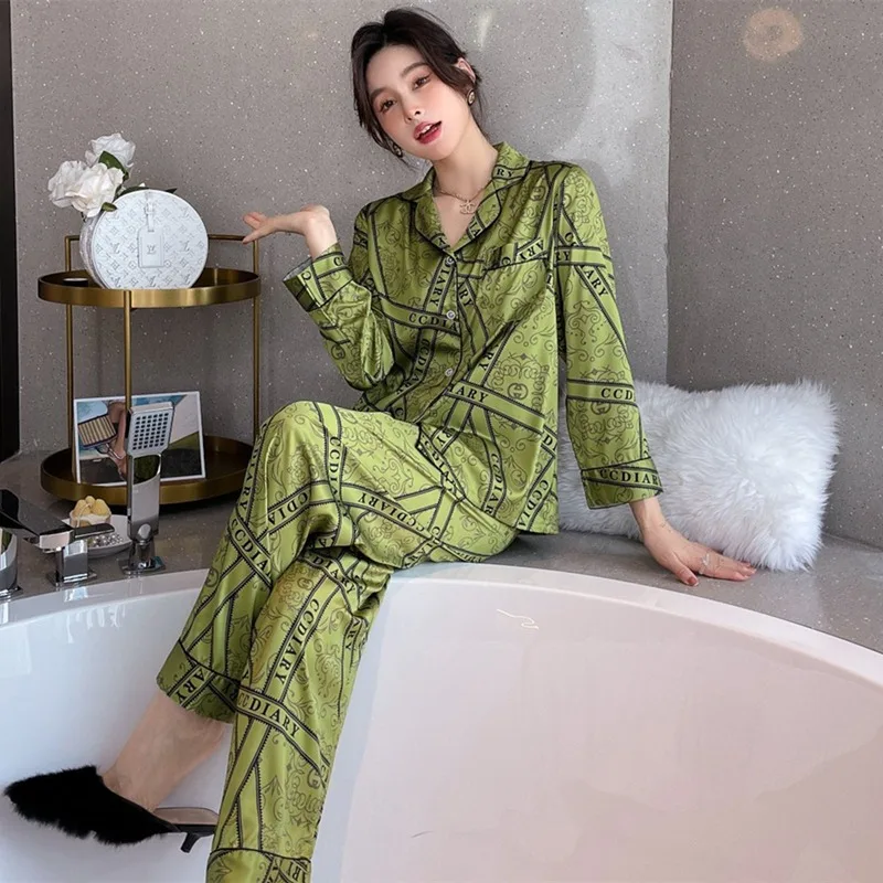 

2022 pajamas suit high quality women pants plus size Floral satin nightgown set spring womens pj Plants print women's sleepwear