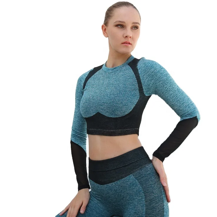 

Sports gym seamless fitness &amp yoga wear sexy crop top long sleeve women