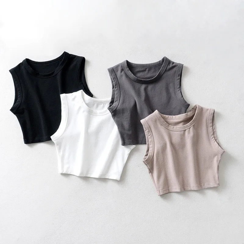 

Wholesale Women Summer Cropped Vest Women's Summer Bottoming Plain Cotton Camisole Cotton Solid Color Wide-brim Short Vest, Multicolor