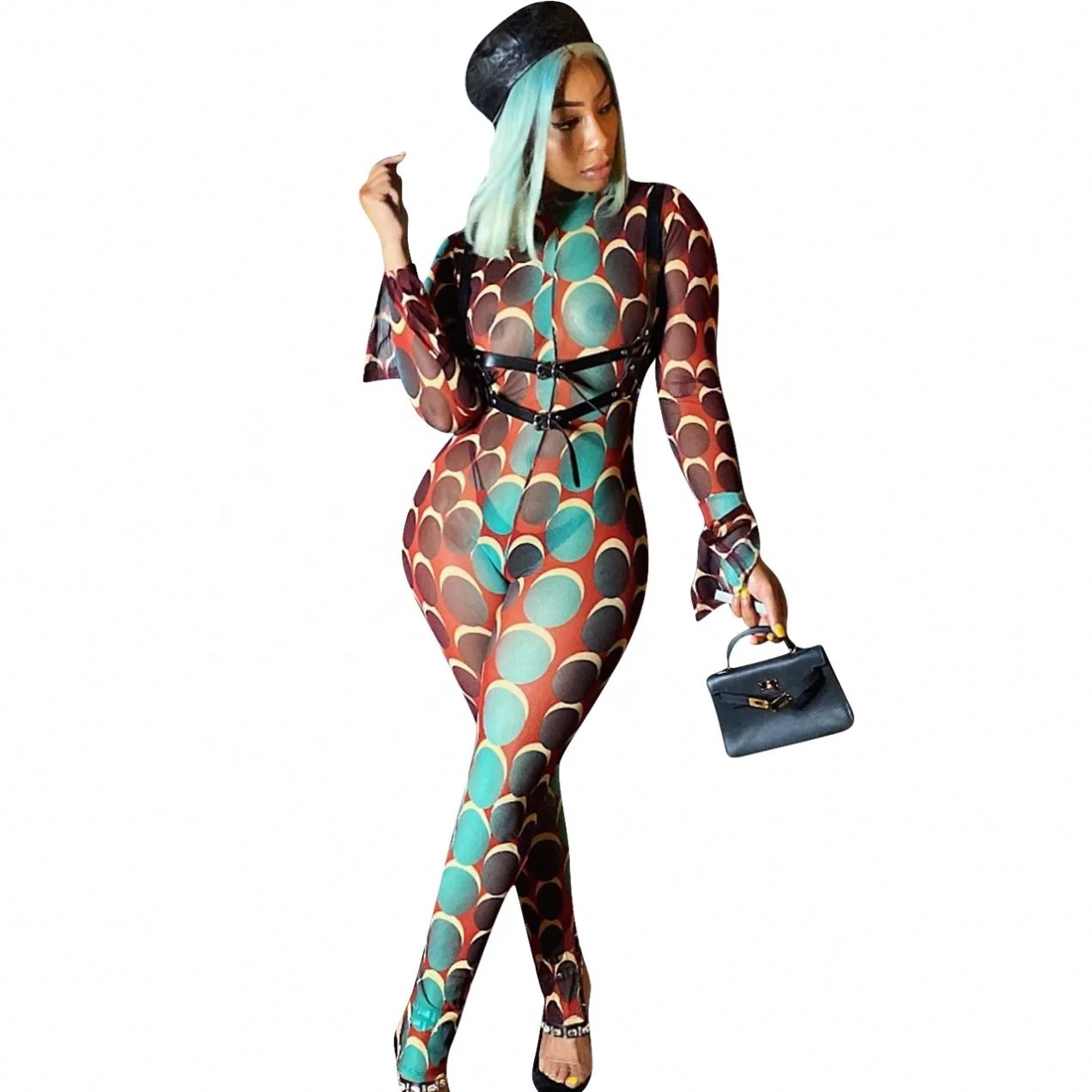 

Nk176 Women Fashion Jumpsuits Mesh Printed Ruffle Long Sleeve Stand Slim Sexy