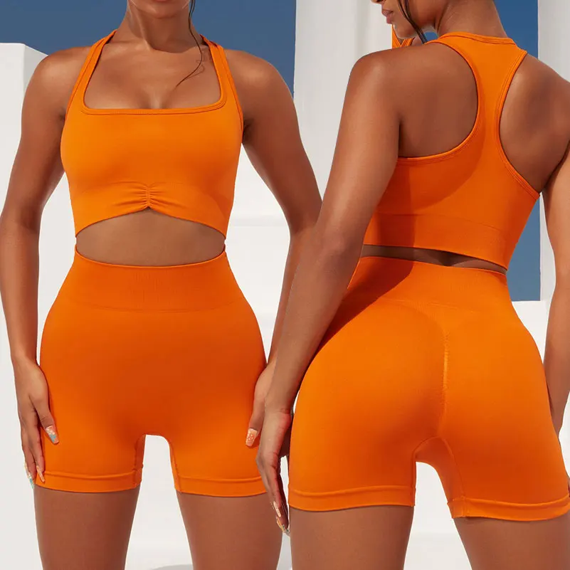 

New Hot Selling OEM 5 Pieces Women Sexy Orange Yoga Suit Sport Active Wear Set Seamless Scrunch Butt Lifer Gym Fitness Yoga Se