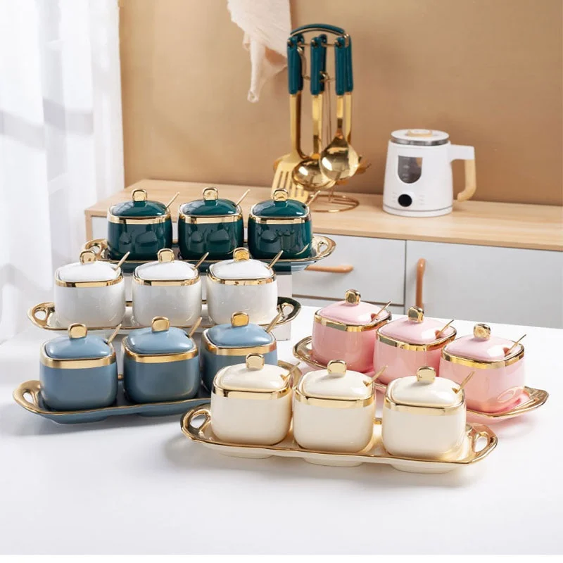 

Luxury Ceramic Seasoning Jar Bottle Can Oil Bottle Soy Sauce Pot Storage Tank and Spoon With Gold Rim, White/green/pink/blue/beige