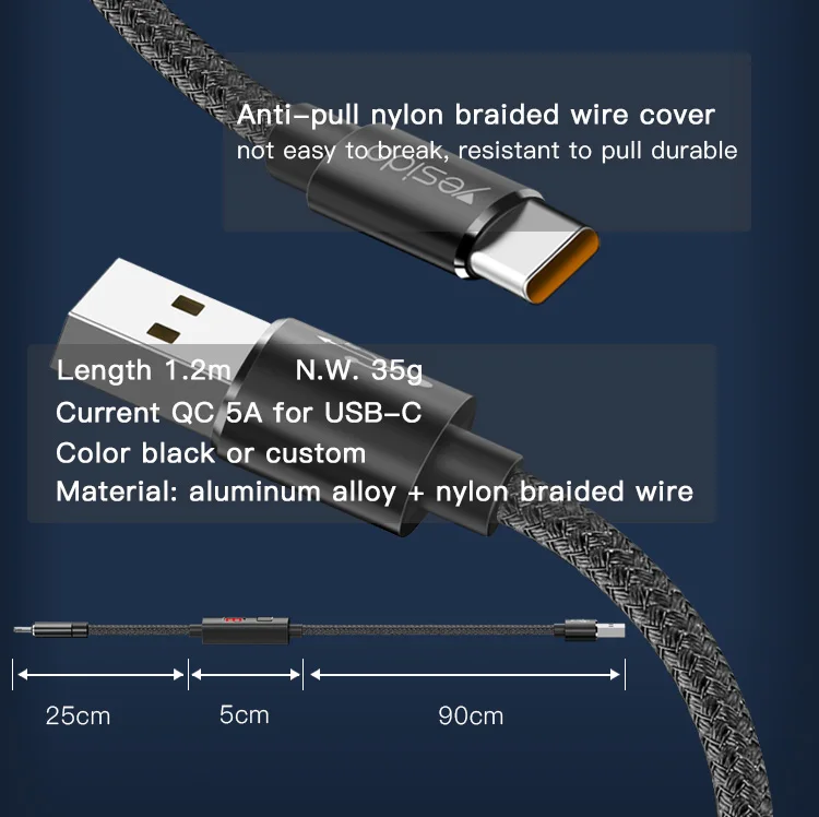 5A Charging Usb C Cable Intelligent Timing Power Off Cell Phone Type C Charger Data Cable